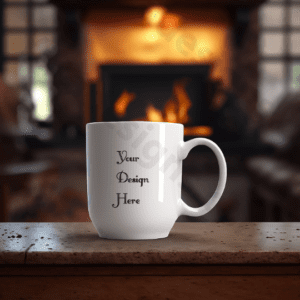 Beautiful Mug mockup, fireplace in background