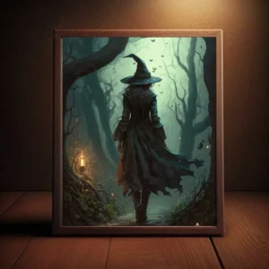 Mystical Witch Walking in the Forest - Digital Printable Wall Art