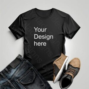 Black Shirt Mockup with Jeans and Shoes on Gray Background