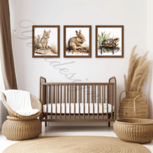 Nursery Wall Decor set of 3 bundle, coyote, rabbit, turtle, Watercolor, Ai generated, PNG