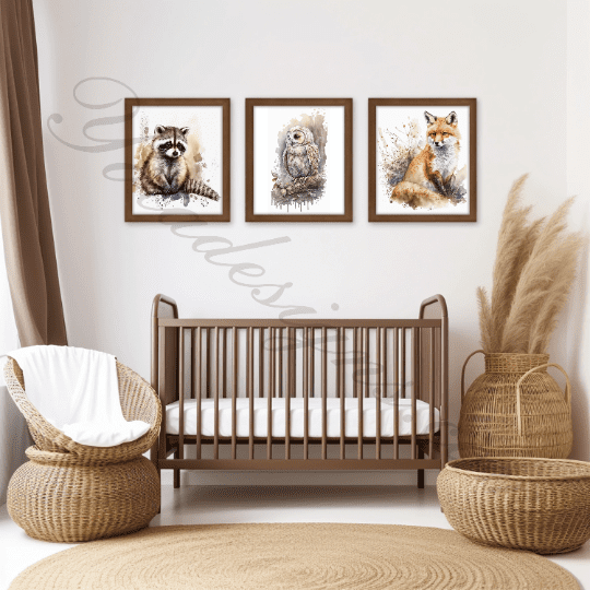 Nursery Wall Decor set of 3 bundle, raccoon, fox, owl,