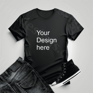 Black Shirt Mockup with Jeans and Shoe on Gray Background