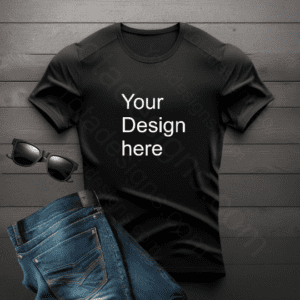 Black Shirt Mockup with Jeans and glasses on wood Background