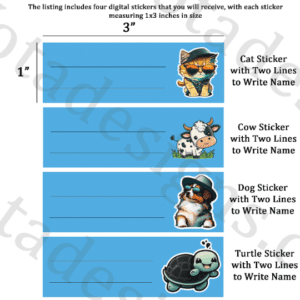 Digital Sticker Pack - Animal Labels in 5 colors, cat and dog with sunglasses, cow, turtle, Size 1x3 inches each,
